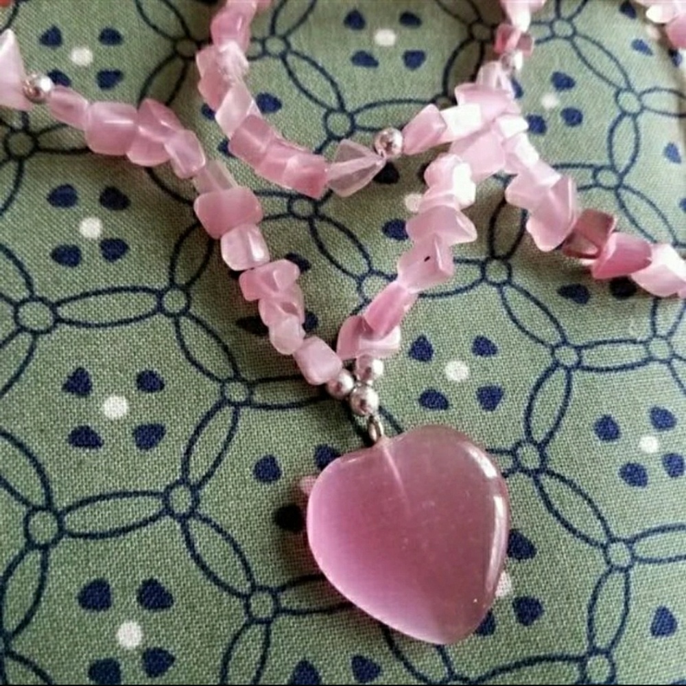Pink heart necklace beaded cats eye glass bead love valentine jewelry